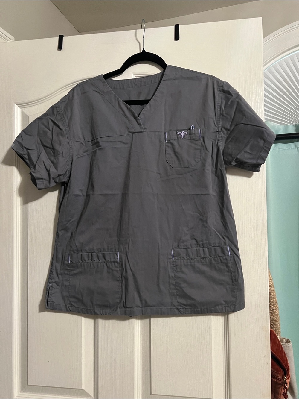 Med Couture Women’s Scrub Top Gray with Purple Trim